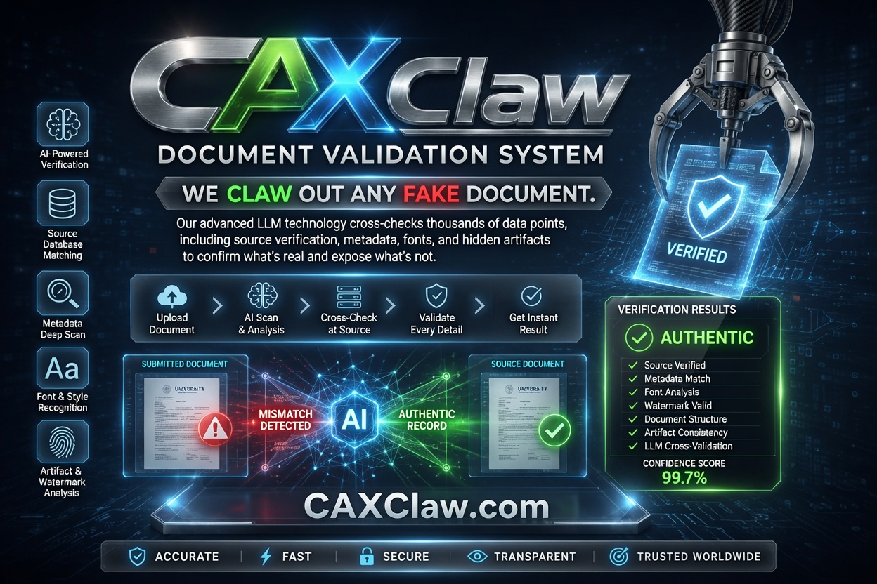 CAXClaw concept showing document source, metadata, font, watermark and artifact verification workflows